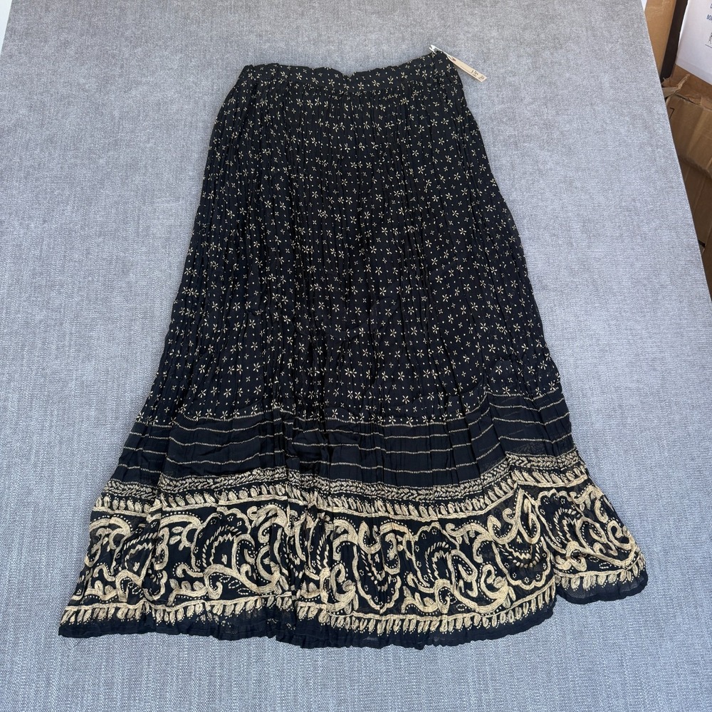 Amanda Smith Peasant Skirt Womens Large Black Gold Floral Crinkle Evening Formal